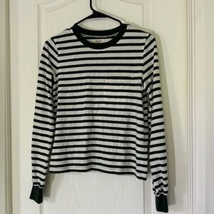 Madewell XS Long Sleeve Striped Tee Forest Green White Pocket Crewneck Cotton